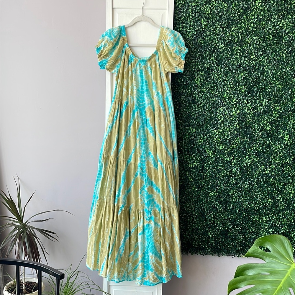 Green and Gold Pleated Maxi Sundress with Puff Cap Sleeves